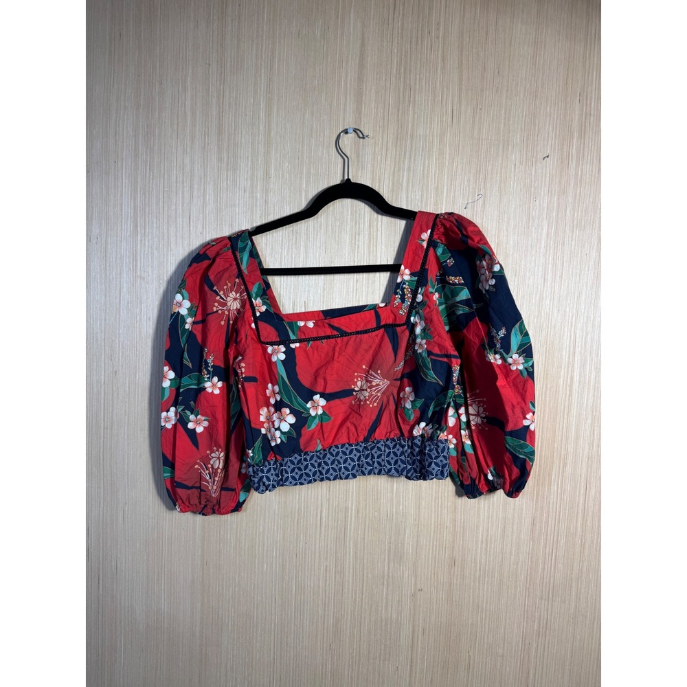 Farm Rio for Anthropologie Red Tropical Floral Puff Sleeve Crop Top Petite Small